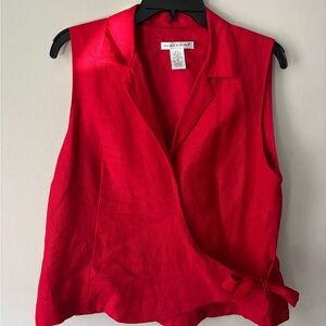 Vintage Romantic Red Preppy Linen V Neck Wrap Minimalist Christmas Top - Medium